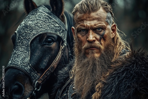 Intense Viking warrior with braided beard standing next to a horse, both with detailed armor