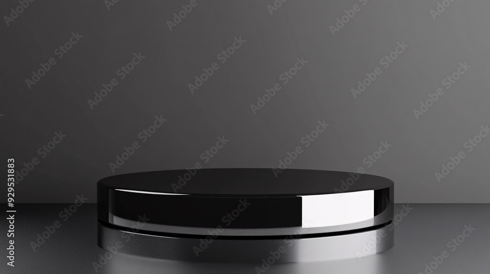 A sleek, modern product podium featuring a reflective black surface with a glossy finish. The podium is elevated on a minimalist silver base, giving it a high-end, contemporary look. The background A sleek, modern product podium featuring a reflective black surface with a glossy finish. The podium is elevated on a minimalist silver base, giving it a high-end, contemporary look. The background