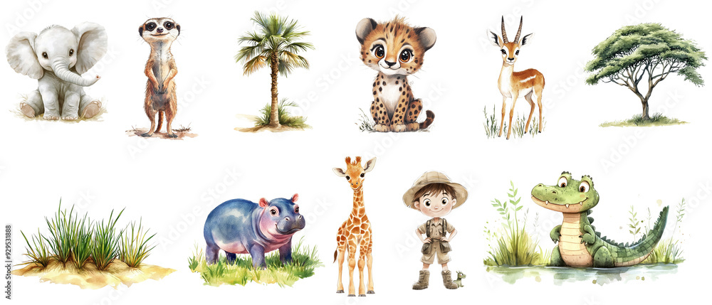 Obraz premium Set of cute watercolor animals on transparent background.