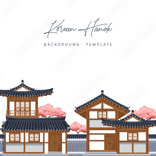 Korean hanok background. Korean traditional house with stone wall fence and cherry blossom trees.