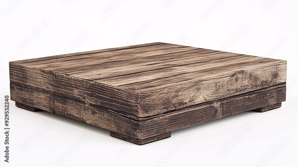 A rustic product podium with a reclaimed wood finish and a weathered appearance. The podium features visible knots and grain patterns that add character and charm. It is set against a clean, white A rustic product podium with a reclaimed wood finish and a weathered appearance. The podium features visible knots and grain patterns that add character and charm. It is set against a clean, white