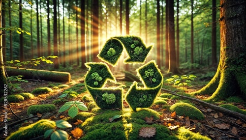 Mossy recycling symbol illuminated by sunbeams in a forest, promoting environmental conservation photo