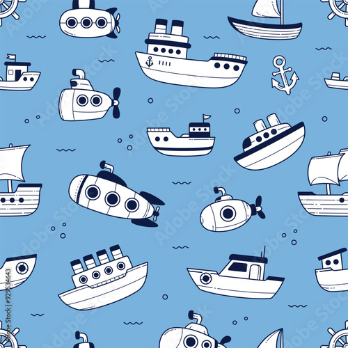 Ship and submarine doodle seamless pattern background wallpaper