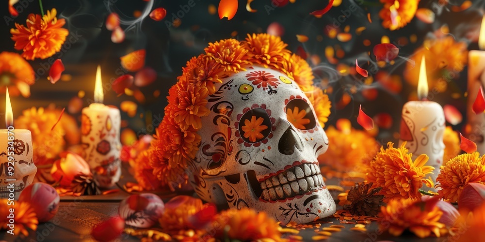 A sugar skull decorated with flowers and candles, perfect for Dia de los Muertos or Halloween-themed designs A sugar skull decorated with flowers and candles, perfect for Dia de los Muertos or Halloween-themed designs