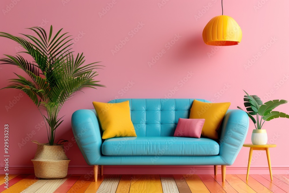 Vibrant Multicolored Leather Sofa in Modern Living Room with Coral Wall - Minimalist Home Interior Design with Copy Space Vibrant Multicolored Leather Sofa in Modern Living Room with Coral Wall - Minimalist Home Interior Design with Copy Space