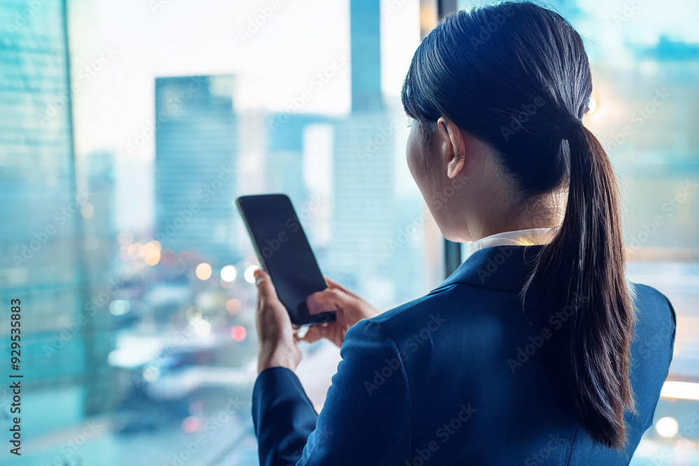 オフィスでスマホを操作する女性 オフィスでスマホを操作する女性