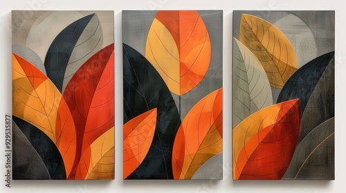 Produce a high-resolution set of three abstract modern wall art panels featuring geometric patterns in orange, gray, and green. Each panel should offer a distinct geometric design that harmonizes