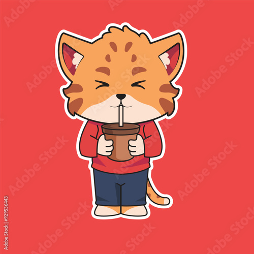 a cute cat character vector illustration mascot logo drink a coffee