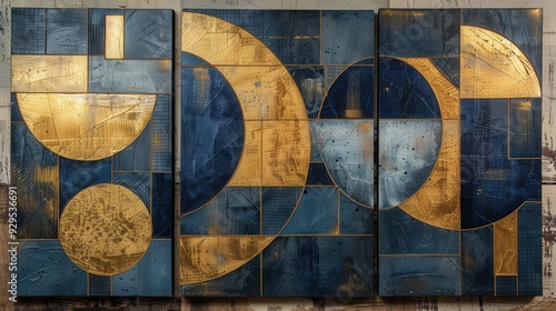 Craft a trio of abstract painting panels featuring geometric shapes in blue and gold. Each panel should offer a distinct yet complementary design, highlighting the interplay of colors and forms