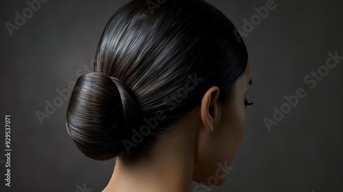 A person with a sleek, twisted low bun, featuring smooth and shiny hair twisted into a low bun
