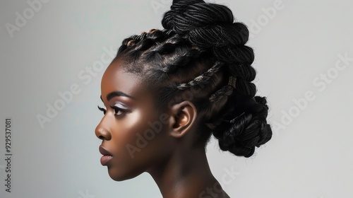 A person with a twisted and braided updo, featuring a combination of twists and braids gathered into an updo