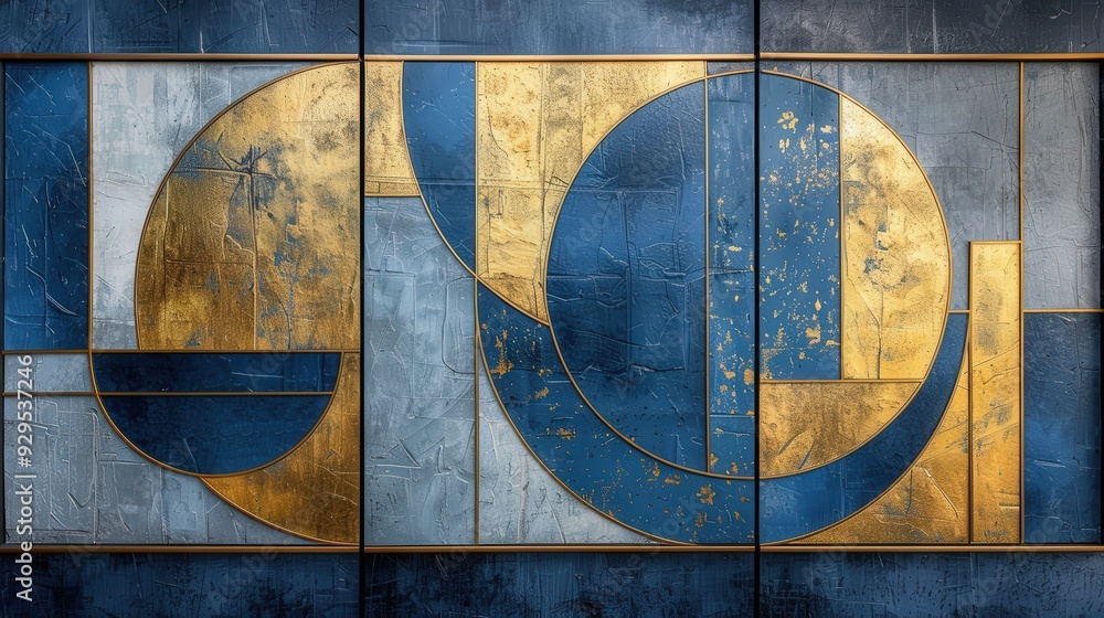 Generate a high-resolution abstract wall art triptych with geometric shapes in blue and gold. Focus on bold, modern designs that create a cohesive visual impact across the three panels Generate a high-resolution abstract wall art triptych with geometric shapes in blue and gold. Focus on bold, modern designs that create a cohesive visual impact across the three panels