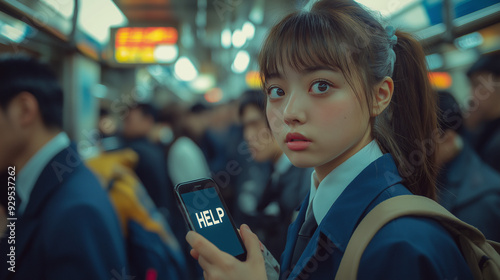 満員電車で助けを求める女子高生