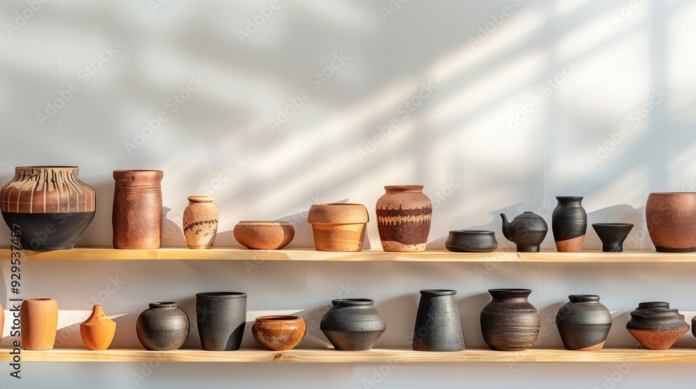 Multiple elegant handcrafted ceramic vases neatly arranged on a shelf Multiple elegant handcrafted ceramic vases neatly arranged on a shelf