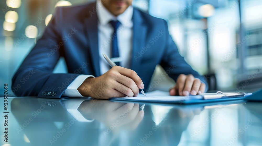 A focused creative professional in a suit writing on a piece of paper at his work desk A focused creative professional in a suit writing on a piece of paper at his work desk