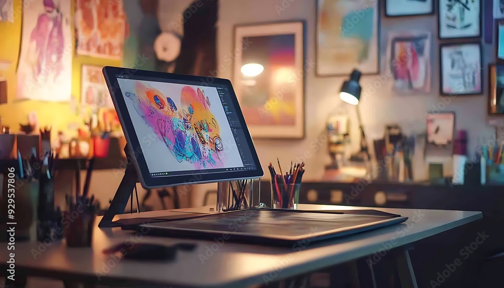 Creative Workspace with Digital Drawing Tablet and Conceptual Art in Vibrant Atmosphere Creative Workspace with Digital Drawing Tablet and Conceptual Art in Vibrant Atmosphere