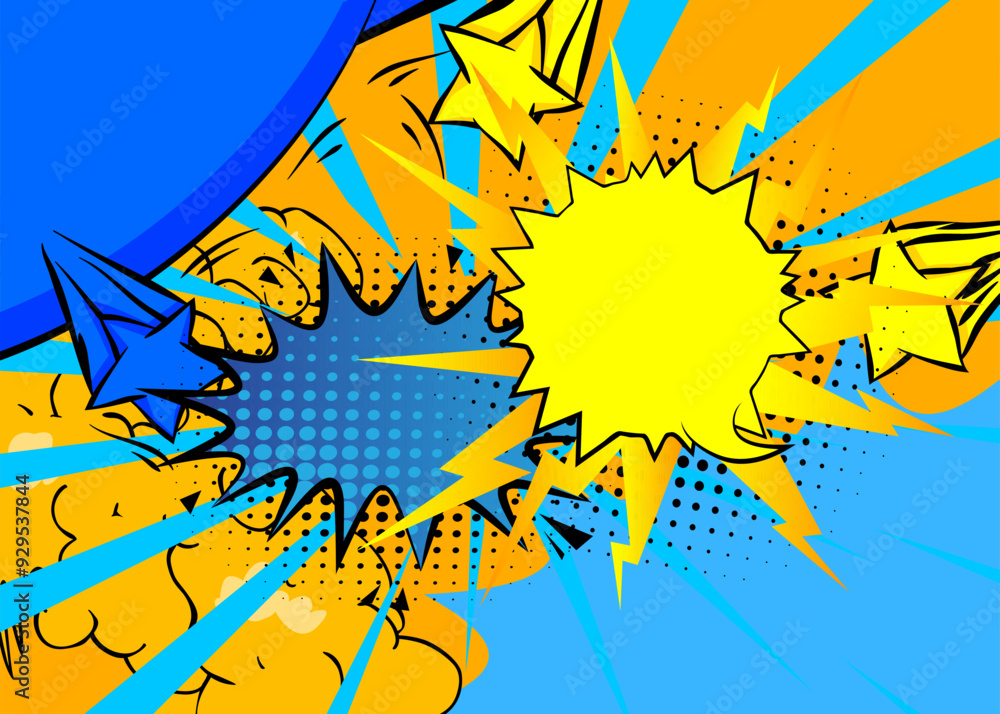 Naklejka premium Cartoon Yellow and Blue background, comic book backdrop. Retro vector comics pop art design.