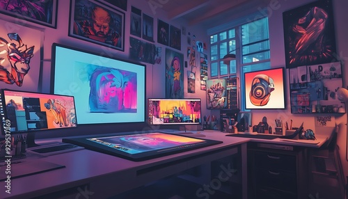 Creative Workspace with Digital Drawing Tablet and Conceptual Art in Vibrant Atmosphere