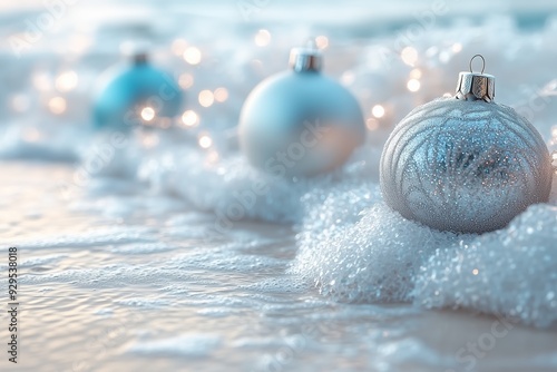 A serene and festive scene featuring silver and blue Christmas ornaments resting on the sandy beach, with gentle ocean waves and bokeh lights in the background. photo