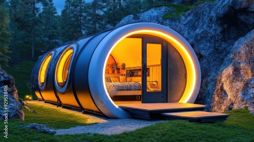 Underground bunker transformed into a cozy living space, modern industrial design, soft lighting, surrounded by wilderness, Survivalist, Steampunk, High contrast