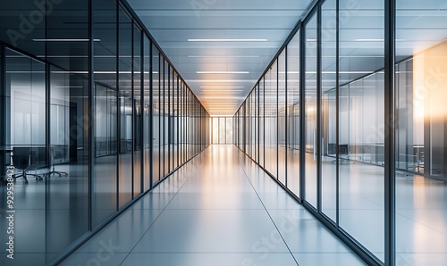 Low-Angle Shot of Modern Office Hallway with Glass-Walled Meeting Rooms