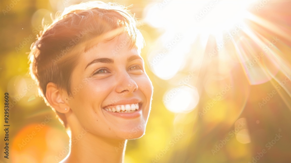 A joyful young woman with short hair smiling as the sun shines behind her A joyful young woman with short hair smiling as the sun shines behind her