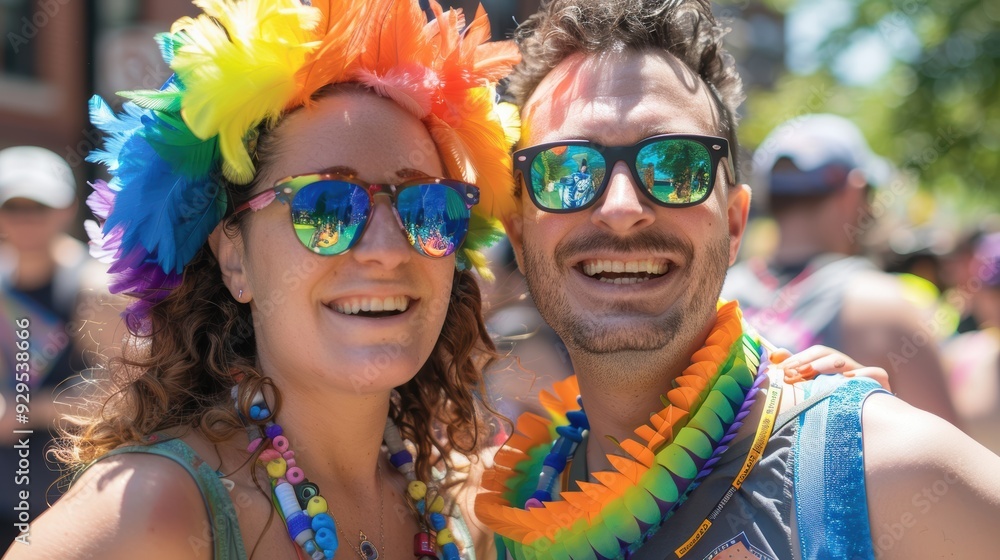 LGBTQ couple participating in a charity run, smiling and supporting the cause, with a community event and a positive vibe LGBTQ couple participating in a charity run, smiling and supporting the cause, with a community event and a positive vibe