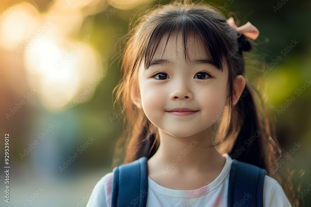 A smiling young girl with pigtails and a backpack in a natural setting. A smiling young girl with pigtails and a backpack in a natural setting.