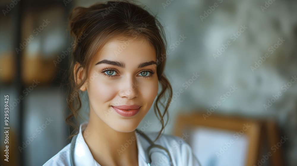 A smiling young woman in a medical setting, wearing a lab coat and stethoscope. A smiling young woman in a medical setting, wearing a lab coat and stethoscope.