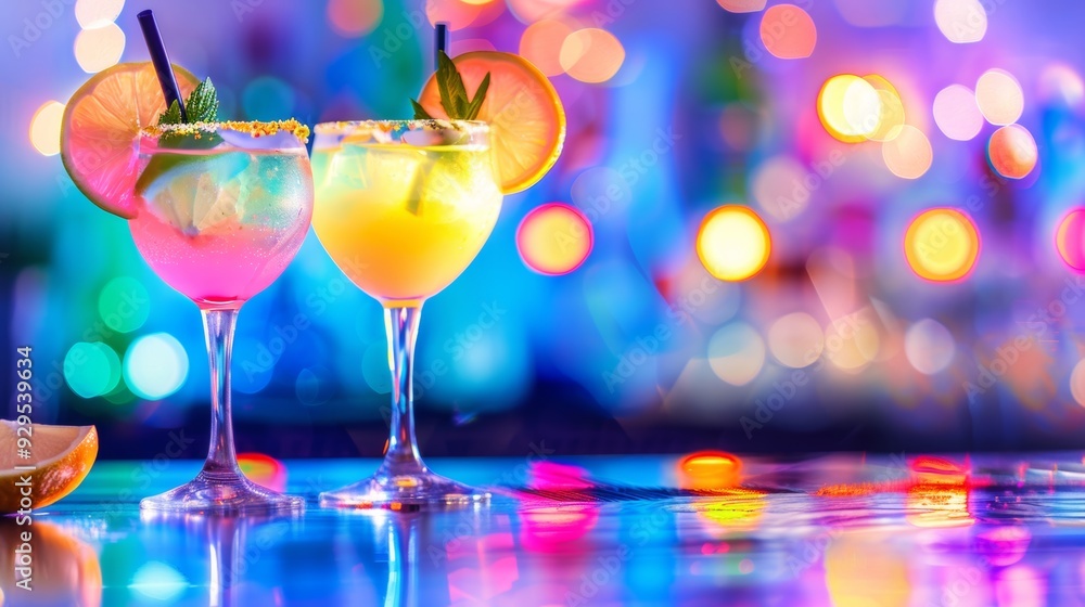 A pair of vibrant cocktails in elegant glasses placed on a table A pair of vibrant cocktails in elegant glasses placed on a table