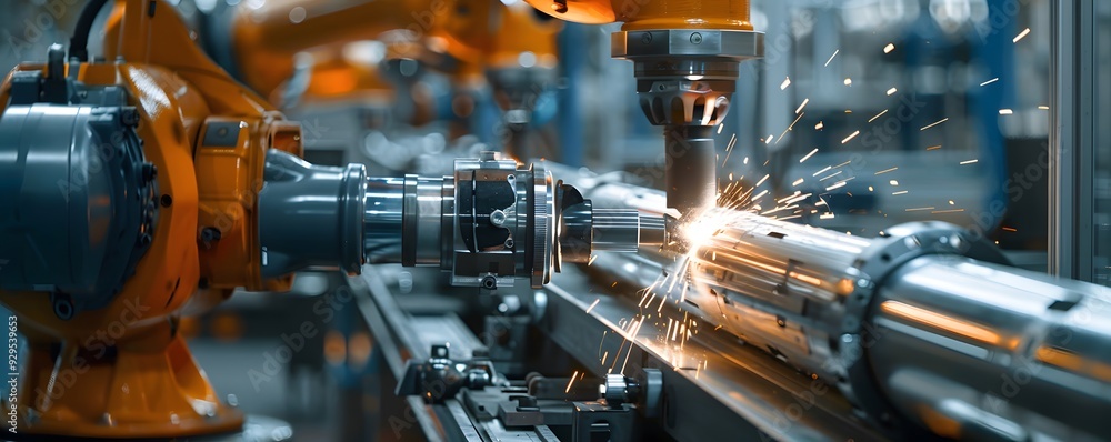 Industrial Robot Arm Welding a Metal Part with Sparks Flying Industrial Robot Arm Welding a Metal Part with Sparks Flying