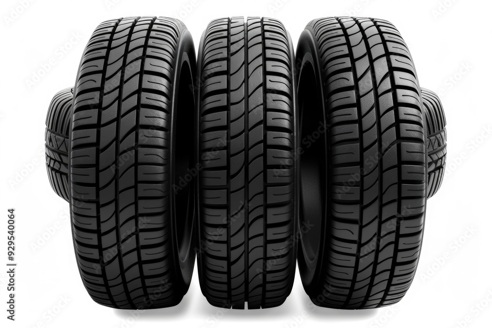 A collection of four tires lying on a plain white surface A collection of four tires lying on a plain white surface