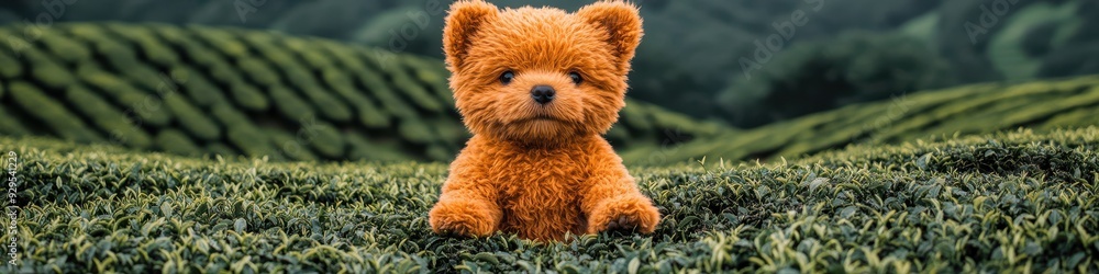 Cute brown fluffy dog in lush green field, surrounded by rich tea plantations, capturing serene and picturesque natural scenery Cute brown fluffy dog in lush green field, surrounded by rich tea plantations, capturing serene and picturesque natural scenery