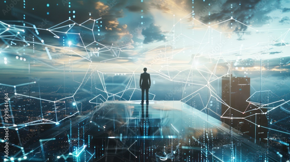 Silhouette of Man on Rooftop with Cityscape and Network Connection Silhouette of Man on Rooftop with Cityscape and Network Connection