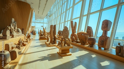 A spacious gallery showcasing various wooden sculptures and artifacts under bright natural light. photo