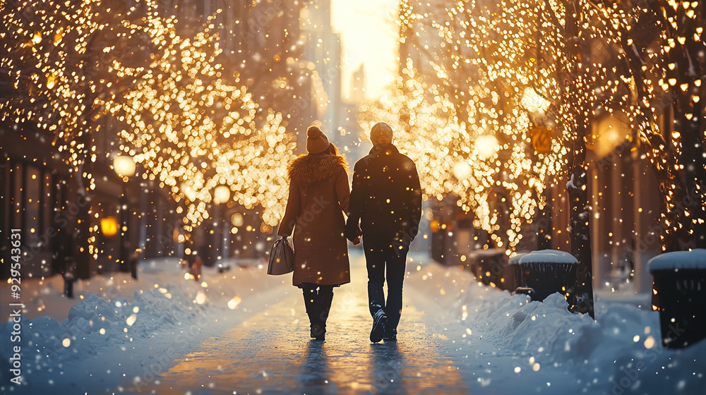 Couple walking hand in hand on a snowy street with trees adorned in lights, warm evening glow. Christmas winter romance. Couple walking hand in hand on a snowy street with trees adorned in lights, warm evening glow. Christmas winter romance.