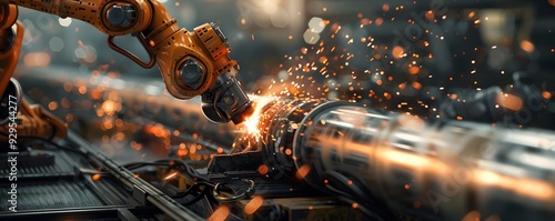 Robotic Arm Welding a Metal Pipe with Sparks Flying photo