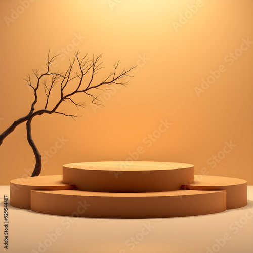 Stock photos showing 3D renderings of abstract pedestal display products and promotional concepts for advertising. 3D display stand background with golden lines, branches