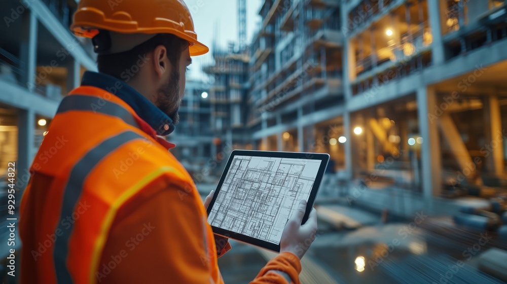 Construction engineer, equipped with a hard hat and safety gear, inspects a construction site using a tablet displaying digital blueprints, highlighting modern construction practices. Construction engineer, equipped with a hard hat and safety gear, inspects a construction site using a tablet displaying digital blueprints, highlighting modern construction practices.