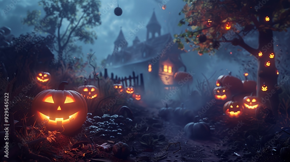 A spooky Halloween scene with glowing jack-o'-lanterns and a haunted house in the background. A spooky Halloween scene with glowing jack-o'-lanterns and a haunted house in the background.