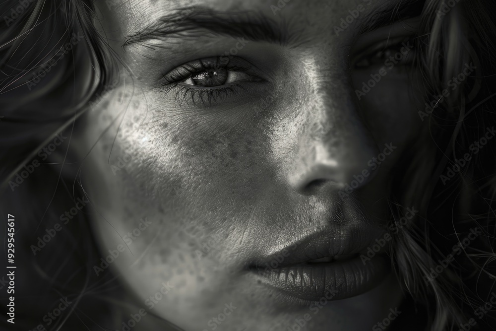 Close-up portrait of a woman with freckles on her face Close-up portrait of a woman with freckles on her face