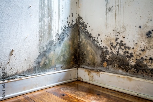 Wallpaper Mural Close-up of black mold growth on damp wall corner, surrounded by water stains and peeling paint, in a neglected and humid indoor environment. Torontodigital.ca