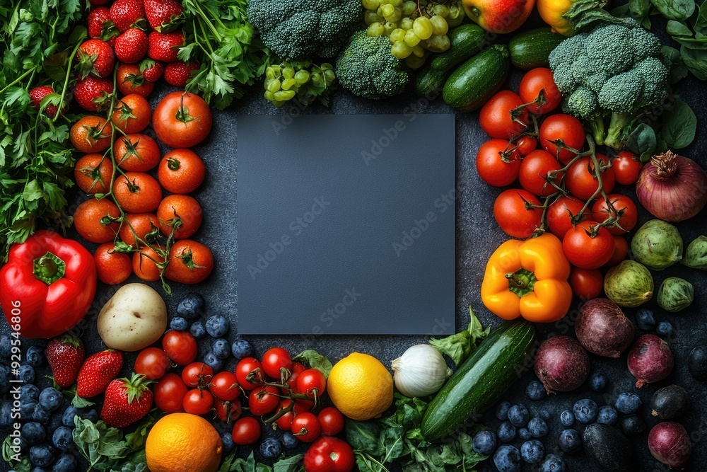 Fresh vegetables and fruits frame blank slate. The image provides a beautiful and vibrant backdrop for showcasing recipes, meal plans, or healthy lifestyle concepts. Fresh vegetables and fruits frame blank slate. The image provides a beautiful and vibrant backdrop for showcasing recipes, meal plans, or healthy lifestyle concepts.