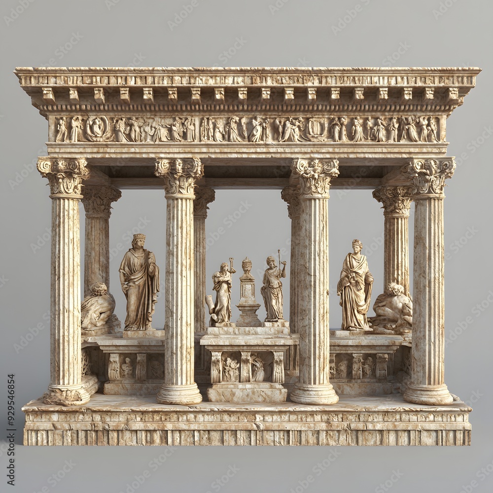 Fototapeta premium 78. A 3D model of an ancient Greek altar with detailed carvings and religious artifacts