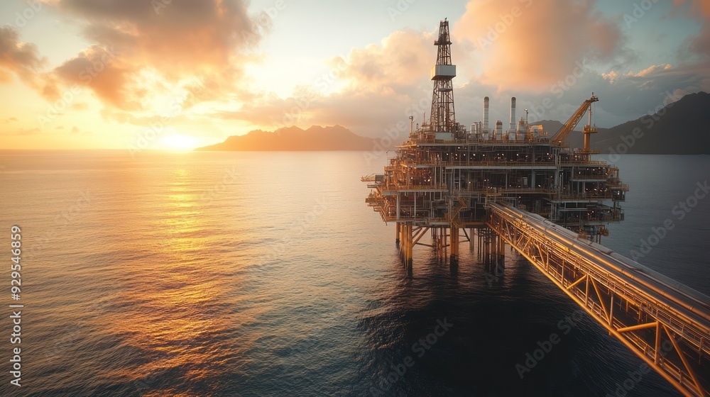 oil extracting platform in the middle of the ocean during sunset oil extracting platform in the middle of the ocean during sunset