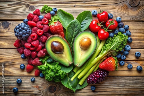 Fresh and vibrant displays of cholesterol-lowering fruits and vegetables, including avocados, spinach, and berries, arranged on a rustic wooden table, promoting heart-healthy eating. photo