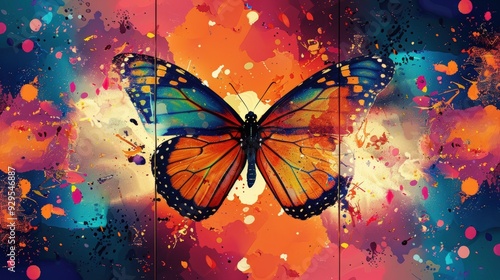 Generate a high-resolution triptych featuring abstract wall art with butterflies and colorful splashes. Each panel should display a distinct butterfly design with bold and dynamic splash effects
