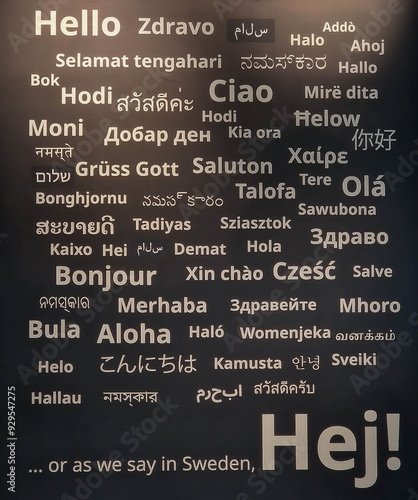 A wall or display filled with various greetings in different languages photo