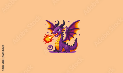 cartoon purple dragon spitting fire vector flat design