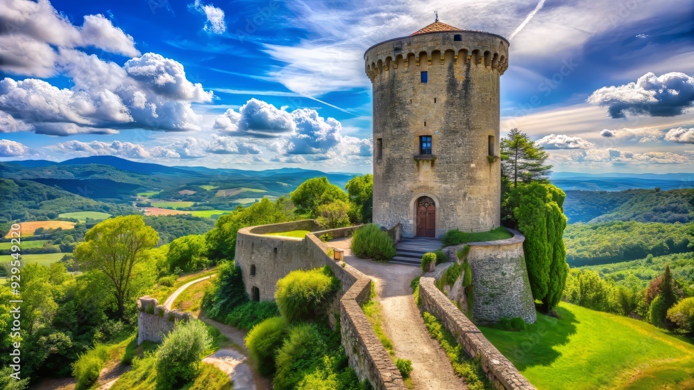 A historic fortified military tower stands tall amidst a serene ...